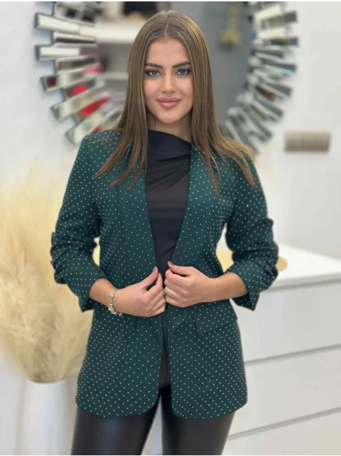 Sacou căptușit, cu umeri buretați, mâneci încrețite, buzunare decorative, din material neelastic, decorat cu pietre. (Recomandat pentru mărimile S-L.)