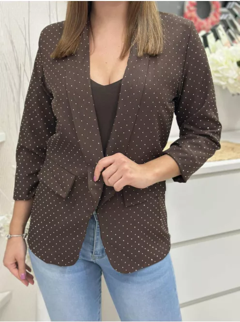 Sacou căptușit, cu umeri buretați, mâneci încrețite, buzunare decorative, din material neelastic, decorat cu pietre. (Recomandat pentru mărimile S-L.)