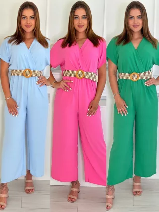   Salopetă lejeră, cu talie elastică, petrecută, din material neelastic, cu curea. (Recomandată pentru mărimile S-L.)