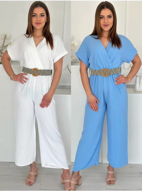 Salopetă lejeră, cu talie elastică, petrecută, din material neelastic, cu curea. (Recomandată pentru mărimile S-L.)
