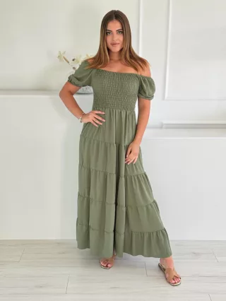 Rochie maxi lejeră cu volane și bust elastic