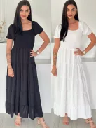 Rochie maxi lejeră cu volane și bust elastic