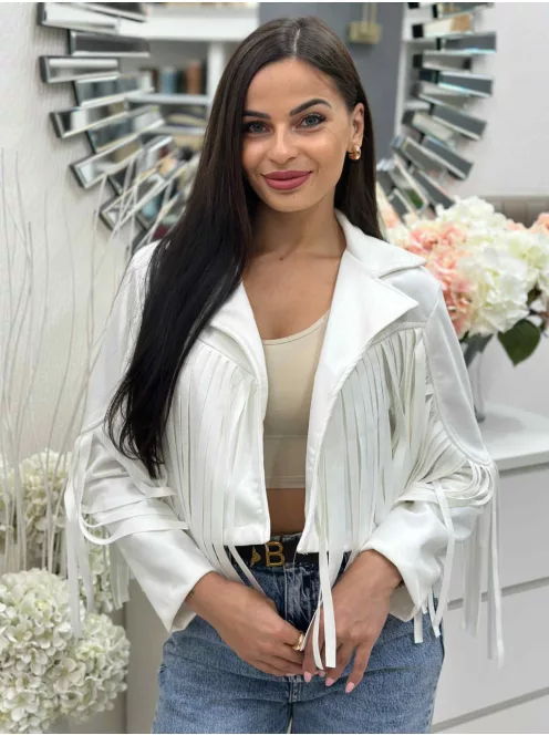 Jachetă scurtă din material elastic, cu aspect de velur, necăptușită, cu franjuri. (Recomandată pentru mărimile S-L.)