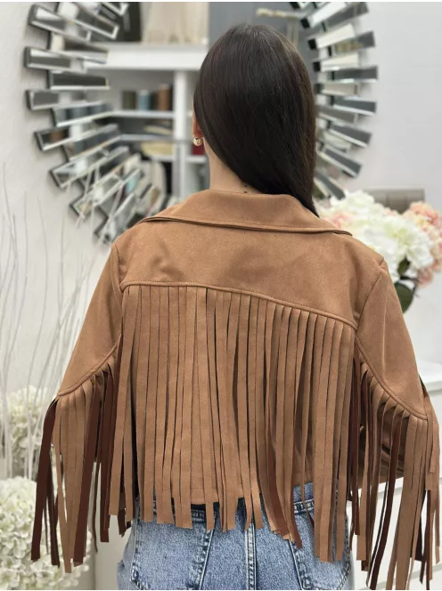 Jachetă scurtă din material elastic, cu aspect de velur, necăptușită, cu franjuri. (Recomandată pentru mărimile S-L.)