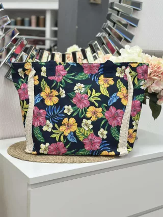   Geantă shopper mare de vară, din pânză, cu imprimeu și fermoar