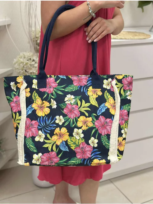 Geantă shopper mare de vară, din pânză, cu imprimeu și fermoar