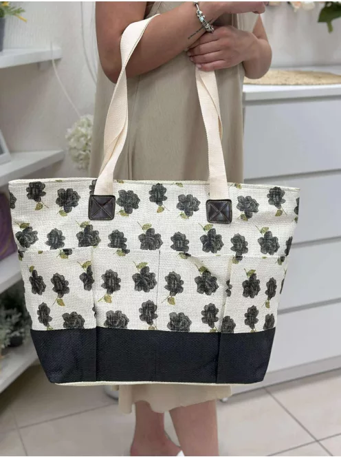 Geantă shopper mare de vară, din papură, cu imprimeu și fermoar. Dimensiuni: 57 x 40 x 17 cm.