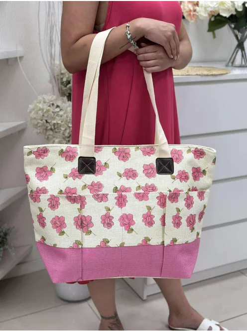 Geantă shopper mare de vară, din papură, cu imprimeu și fermoar. Dimensiuni: 57 x 40 x 17 cm.