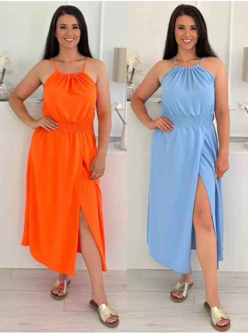 Rochie lejeră, cu elastic în talie, reglabilă la gât cu șnur, crăpată, din material neelastic. (Recomandată pentru mărimile S-L.)