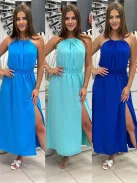Rochie lejeră, cu elastic în talie, reglabilă la gât cu șnur, crăpată, din material neelastic. (Recomandată pentru mărimile S-L.)