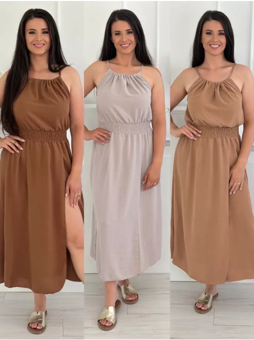 Rochie lejeră, cu elastic în talie, reglabilă la gât cu șnur, crăpată, din material neelastic. (Recomandată pentru mărimile S-L.)